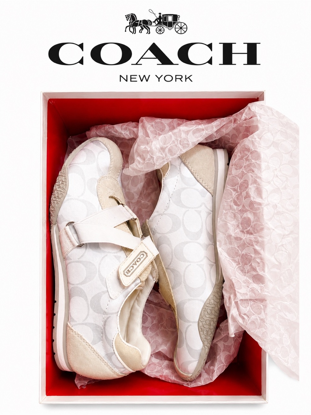 NIB Vintage Coach Kyrie Signature Jacquard Sneakers White/Silver Sz 5.5 + Box